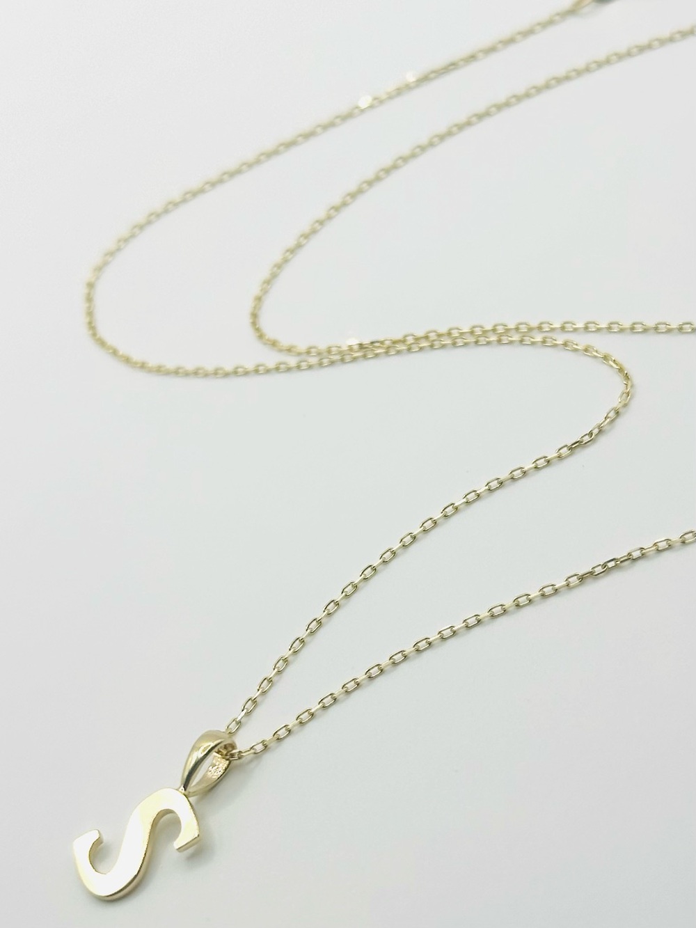 14K Solid Gold S Initial Pendant Necklace 2.00g 18" 1mm Forze Chain 585